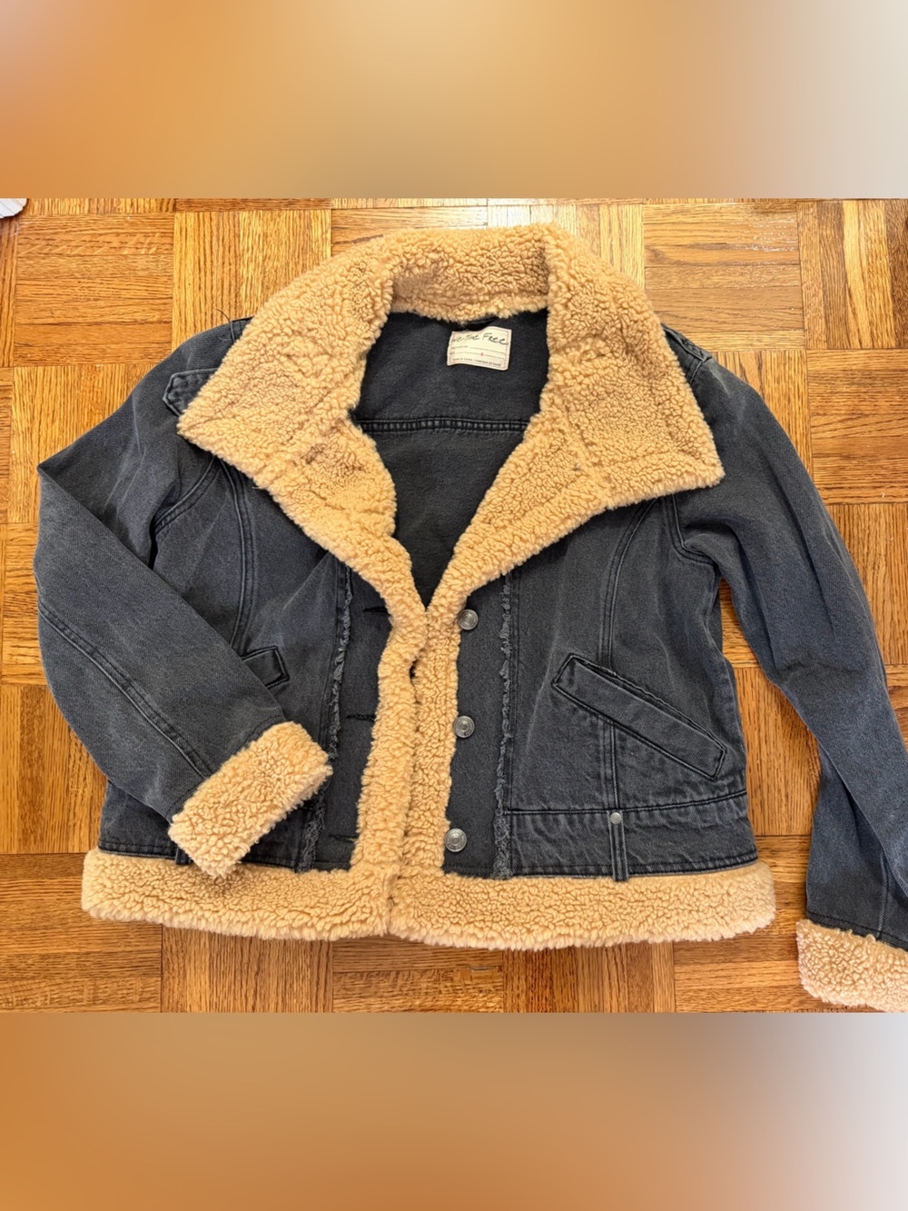 We The Free Black Denim Jacket with Cream Sherpa Trim
